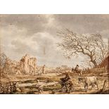 ATTRIBUTED TO JACOB CATS (Dutch 1741-1799), Winter Landscape with Castle Ruin, Figures in the