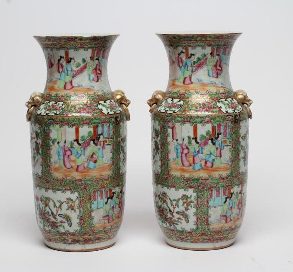 A PAIR OF CANTONESE PORCELAIN VASES, 19th century, of rounded cylindrical form with waisted neck,