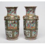 A PAIR OF CANTONESE PORCELAIN VASES, 19th century, of rounded cylindrical form with waisted neck,