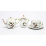 A HEREND "ROTHSCHILD BIRD" PATTERN PORCELAIN TEAPOT AND COVER, modern, with ozier moulding, 9" wide,