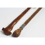 OF MILITARY INTEREST - a walking stick with bud carved knop, engraved pewter wide ferrule, incise