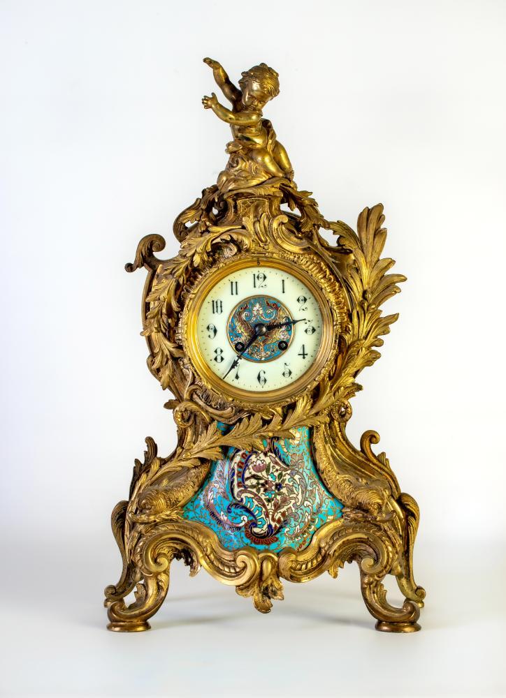 A FRENCH LOUIS XV STYLE ORMOLU AND CHAMPLEVE ENAMEL MANTEL CLOCK, late 19th century, the twin barrel - Image 2 of 7