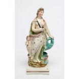 A POLYCHROME PEARLWARE FIGURE OF VENUS, c.1810, the semi-draped figure standing beside cupid and a