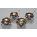 A SET OF FOUR EARLY VICTORIAN SILVER CAULDRON SALTS, maker Elkington & Co., Birmingham 1852, with