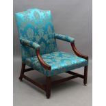 A MAHOGANY FRAMED GAINSBOROUGH STYLE LIBRARY CHAIR, c.1900, upholstered in turquoise silk damask,
