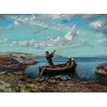 JAMES WALLACE (1872-1911), Coastal Scene with Three Children in a small Boat, oil on canvas,