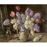 OWEN BOWEN R.O.I. (1873-1967), Still Life with Lilacs and Tulips in a Jug, oil on canvas, signed, 26