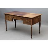 A MAHOGANY LIBRARY TABLE, 20th century, of oblong form with moulded edged earred top, the fascia