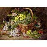 VINCENT CLARE (1855-1930), Still Life with Basket of Primula, Apple Blossom and Bird's Nest, oil