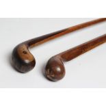 TWO LATE VICTORIAN "SABBATH" TYPE WALKING STICKS, both with golf club pommels, one with marquetry
