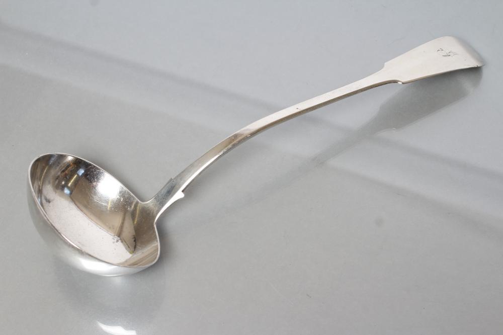 AN EARLY VICTORIAN SCOTTISH SILVER FIDDLE PATTERN LADLE, maker Andrew Wilkie, Edinburgh 1839 (