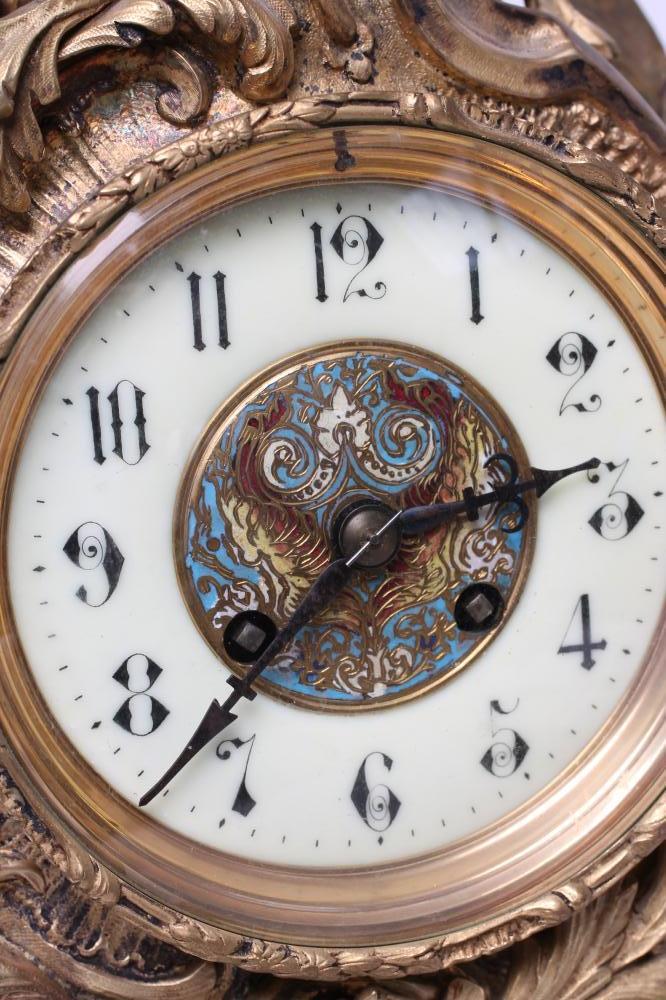 A FRENCH LOUIS XV STYLE ORMOLU AND CHAMPLEVE ENAMEL MANTEL CLOCK, late 19th century, the twin barrel - Image 5 of 7