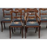 A SET OF SIX GEORGE IV MAHOGANY DINING CHAIRS including an elbow chair, the dished scrolled top rail