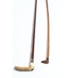 A LATE VICTORIAN WALKING STICK, with stag's horn handle, metal collar engraved "AR", the tapering