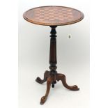 A VICTORIAN ROSEWOOD TRIPOD TABLE, the moulded edged circular top inlaid with a satinwood chessboard