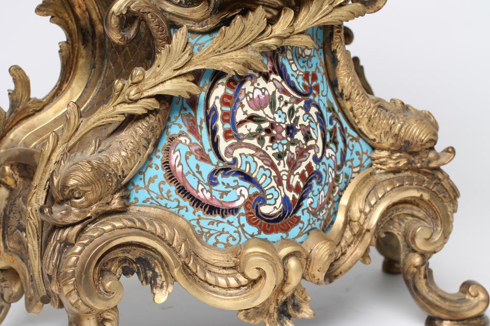 A FRENCH LOUIS XV STYLE ORMOLU AND CHAMPLEVE ENAMEL MANTEL CLOCK, late 19th century, the twin barrel - Image 3 of 7