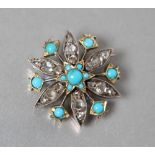 A LATE VICTORIAN "SNOWFLAKE" BROOCH centred by a turquoise bead panel with six radiating arms each