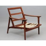 A RETRO TEAK FRAMED ARMCHAIR, 1950's/60's, with loose cushions, the raked open back with