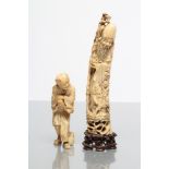 A JAPANESE ONE PIECE IVORY OKIMONO, Meiji period, of an old man with a bag at his feet, signed, 6