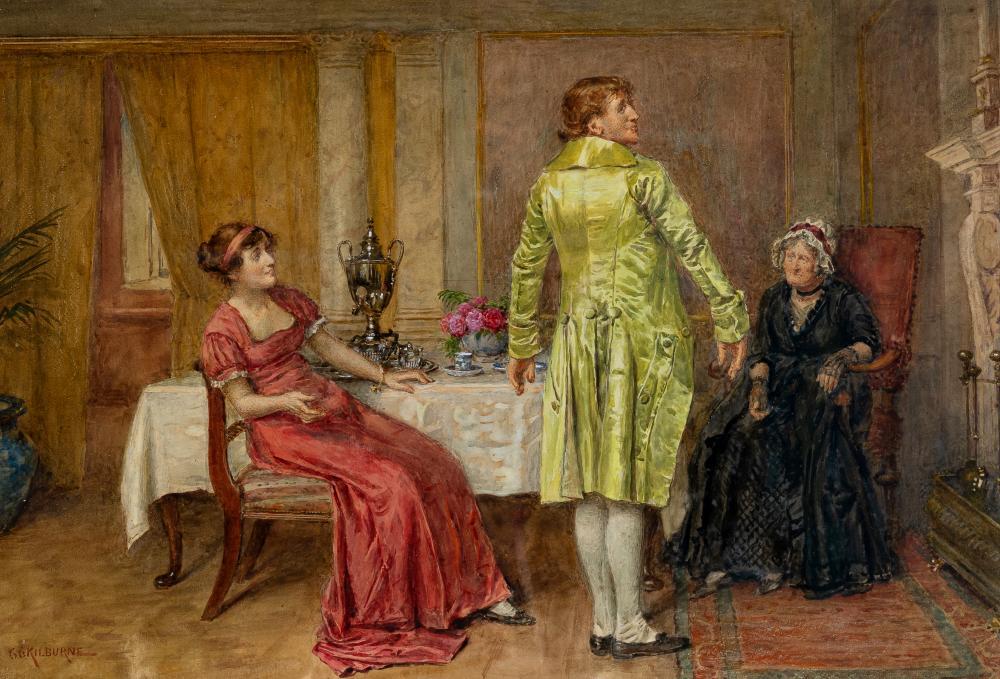 GEORGE GOODWIN KILBURNE R.I. (1839-1924), "The New Coat", watercolour, signed, 14" x 21 1/2", gilt