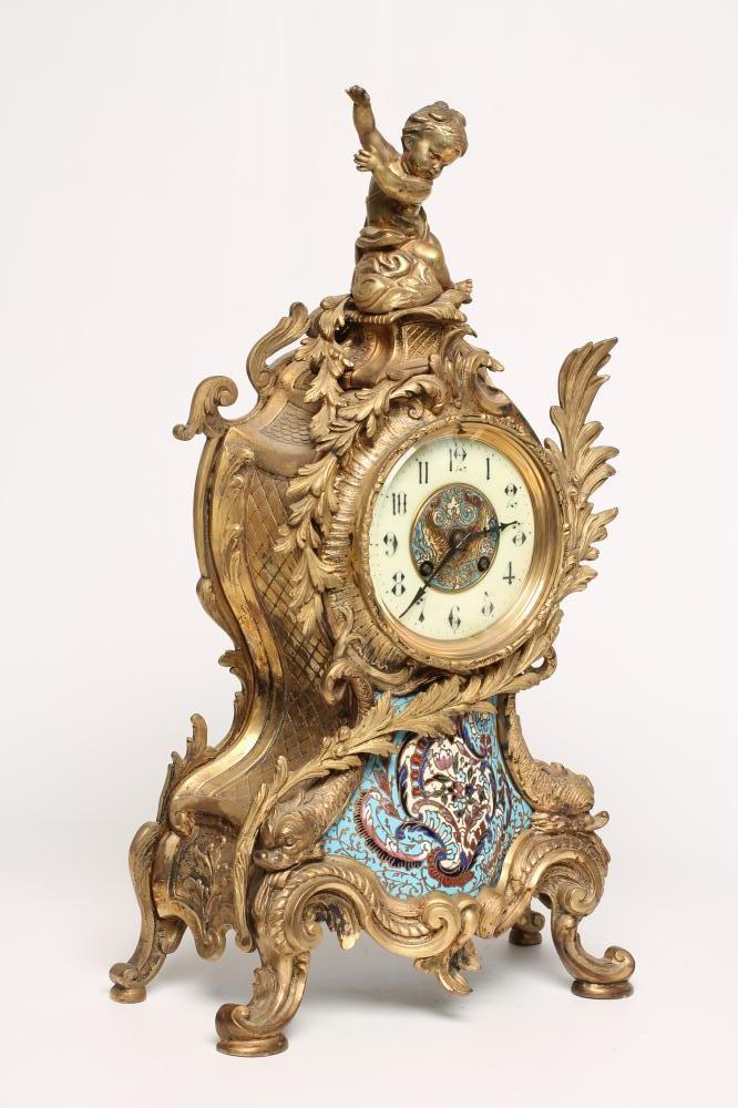 A FRENCH LOUIS XV STYLE ORMOLU AND CHAMPLEVE ENAMEL MANTEL CLOCK, late 19th century, the twin barrel - Image 7 of 7