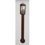 A MAHOGANY STICK BAROMETER by J. Valanterio & Co., Richmond, with thermometer, the brass dial with