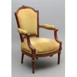 A VICTORIAN ROSEWOOD ARMCHAIR in the Louis XVI style, upholstered in yellow dralon, padded shield