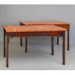 A PAIR OF MAHOGANY AND MARBLE SIDE TABLES of Georgian design, c.1900, the moulded edged marble top