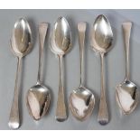A SET OF THREE LATE GEORGE III SILVER OLD ENGLISH PATTERN TABLESPOONS, maker possibly Thomas