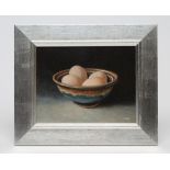 ARTHUR BAGLEE (b.1947), "Four Eggs in a Bowl", still life, oil on board, signed, inscribed to