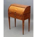 A LOUIS XVI STYLE CYLINDER BUREAU, c.1900, with trellis inlaid satinwood panels and kingwood