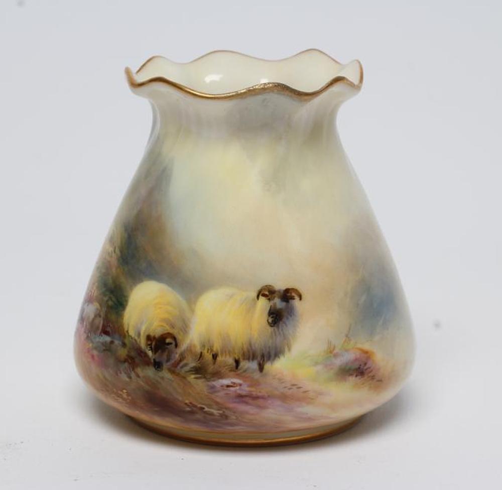 A ROYAL WORCESTER CHINA VASE, 1916, of rounded conical form with everted wavy rim, painted in