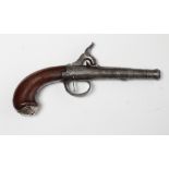 A QUEEN ANNE STYLE PERCUSSION PISTOL by Barbar of London, 18th century, with 3 1/2" cannon barrel,