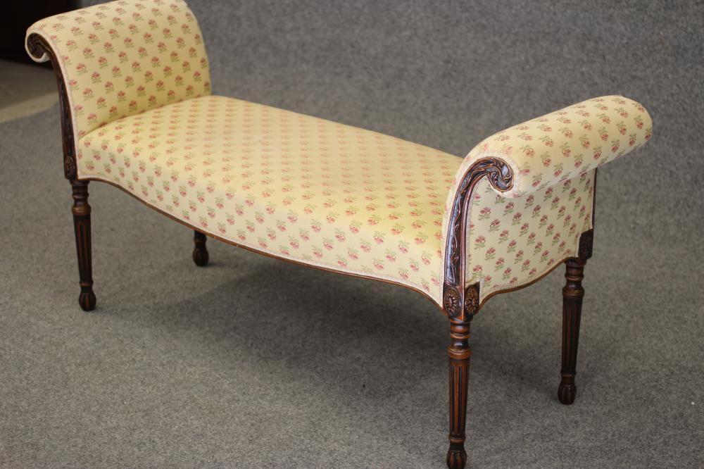 AN ADAMS STYLE CARVED MAHOGANY WINDOW SEAT, modern, upholstered in a yellow floral weave, scrolled - Image 2 of 4