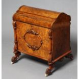 A VICTORIAN CARVED BURR WALNUT BOX CANTERBURY of oblong form, the shaped arched hinged lid opening