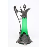 A WMF MOUNTED GREEN GLASS WINE EWER, early 20th century, of swept cylindrical form, the hinged cover