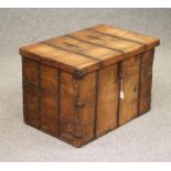 AN INDIAN HARDWOOD DOWRY CHEST, c.1900, of oblong form with iron strap banding, hinged lid with iron