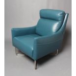 A VIOLINO TEAL BLUE LEATHER ARMCHAIR, modern, the cushioned back with straight top rail, downswept