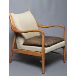 A SCANDINAVIAN DESIGN ELM SHOW WOOD ARMCHAIR, English, modern, upholstered in a stitched champagne