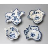 TWO FIRST PERIOD WORCESTER PORCELAIN LEAF SHAPED PICKLE DISHES, c.1765, both painted in underglaze