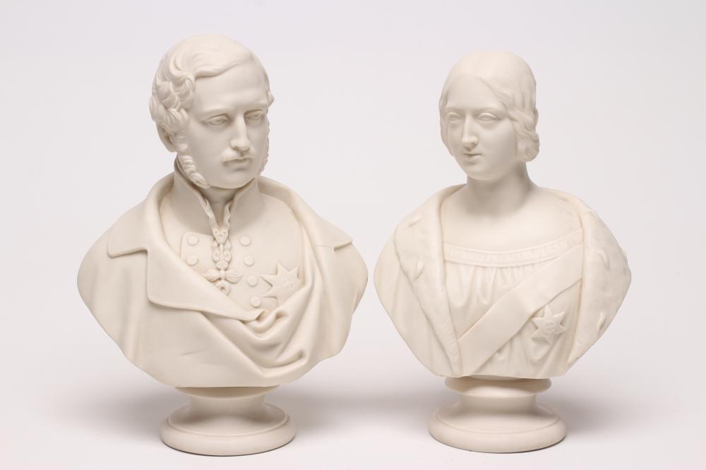 "QUEEN VICTORIA" AND "PRINCE ALBERT" - a pair of Copeland parian busts 1853, designed by J.S.