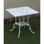 A CAST STEEL TABLE, 20th century, of square form, the moulded edged top pierced and moulded with