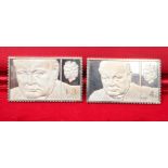 TWO ELIZABETH II 18CT GOLD WINSTON CHURCHILL REPLICA POSTAGE STAMPS, Nos. 2981 (3/6) and 2967 (3d)