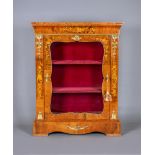 A VICTORIAN WALNUT AND FLORAL MARQUETRY PIER DISPLAY CABINET, of oblong form with gilt metal mounts,