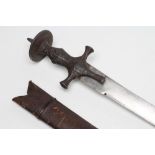 AN INDIAN TALWAR, with 31 3/4" curved blade, typical hilt with white metal decoration, spiked pommel