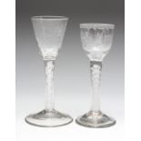TWO CORDIAL GLASSES, late 18th century, one with double spiral opaque twist stem, 5 1/2" high, the