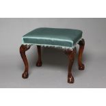 A GEORGIAN DESIGNED BEECH DRESSING STOOL, c.1900, of oblong form upholstered in fringed turquoise