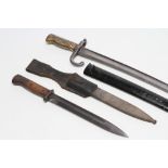 A K98 BAYONET, with 10" blade, two piece wood grip, metal scabbard and leather frog, blade and