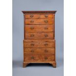 A GEORGIAN MAHOGANY CHEST ON CHEST, third quarter 18th century, the dentil moulded cornice over