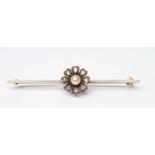 A PEARL AND DIAMOND BAR BROOCH, the cultured pearl and eight rose cut diamond cluster on a knife